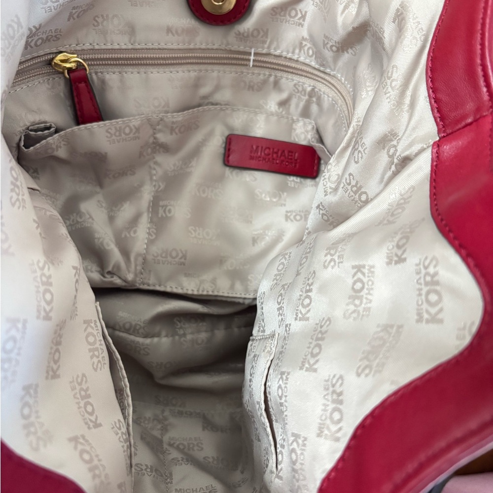 Michael Kors Lily Red Lambskin Leather Gold tone Chain Straps Tote - Picture 7 of 10